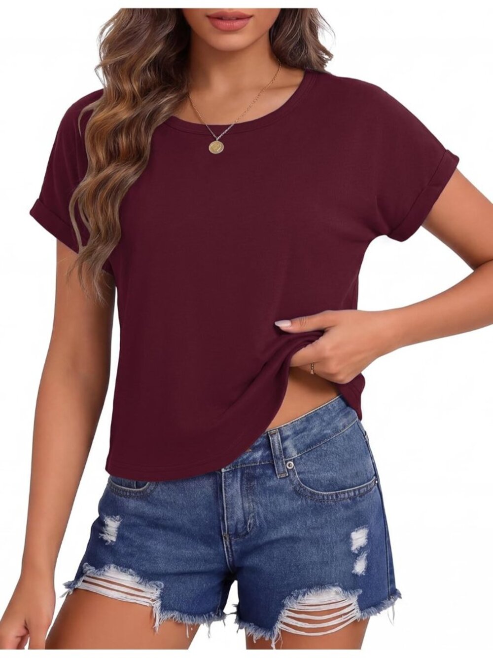 Women's Wine Red Short Sleeve Crewneck Loose Fit Boxy Pull On Crop Tops